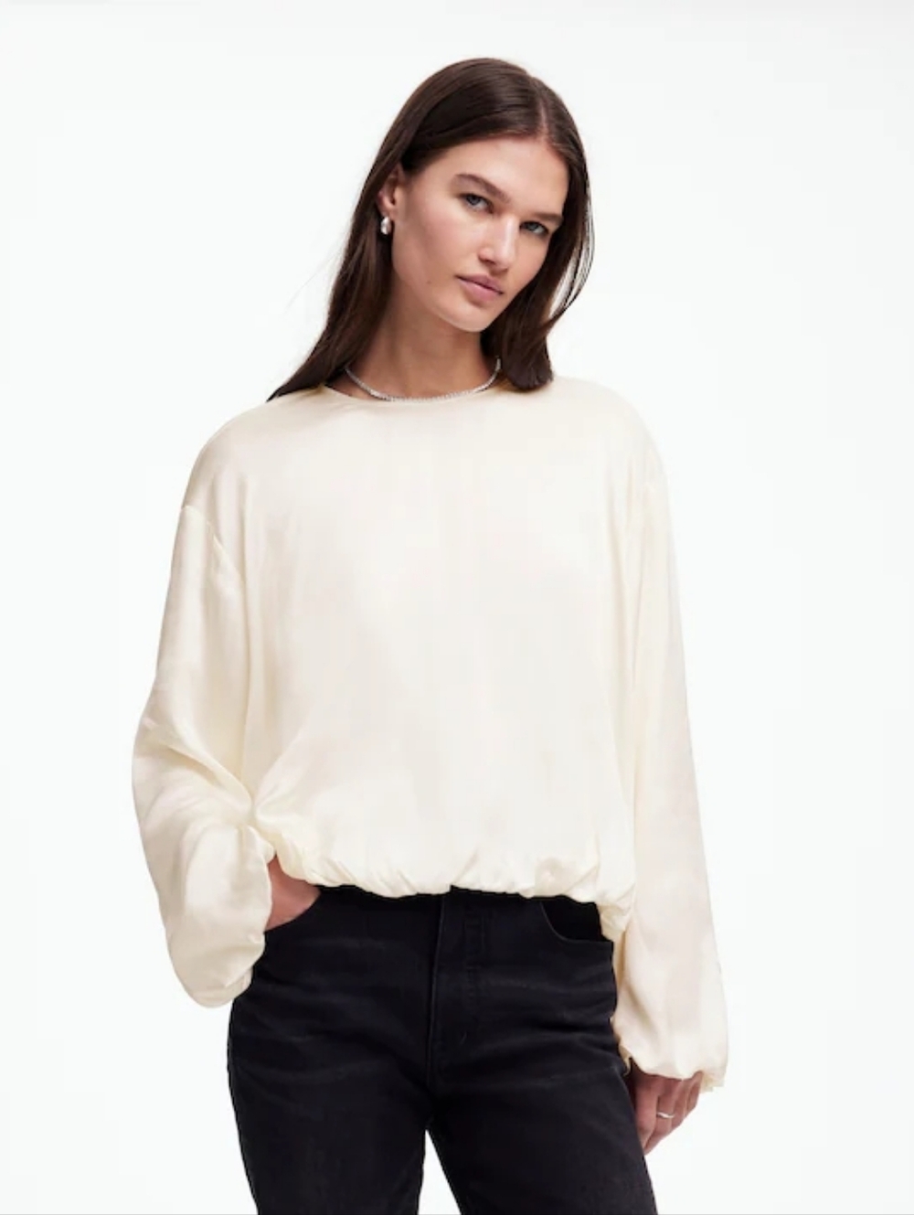 Madewell Long-Sleeve Bubble-Hem Top in Satin